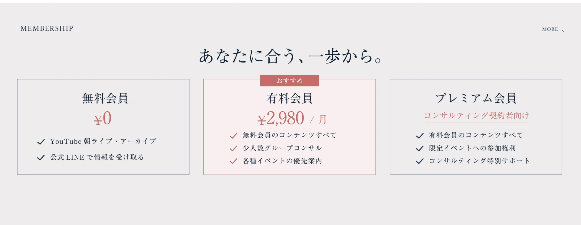 MEMBERSHIP — 無料会員0円、有料会員2,980円／月、プレミアム会員。